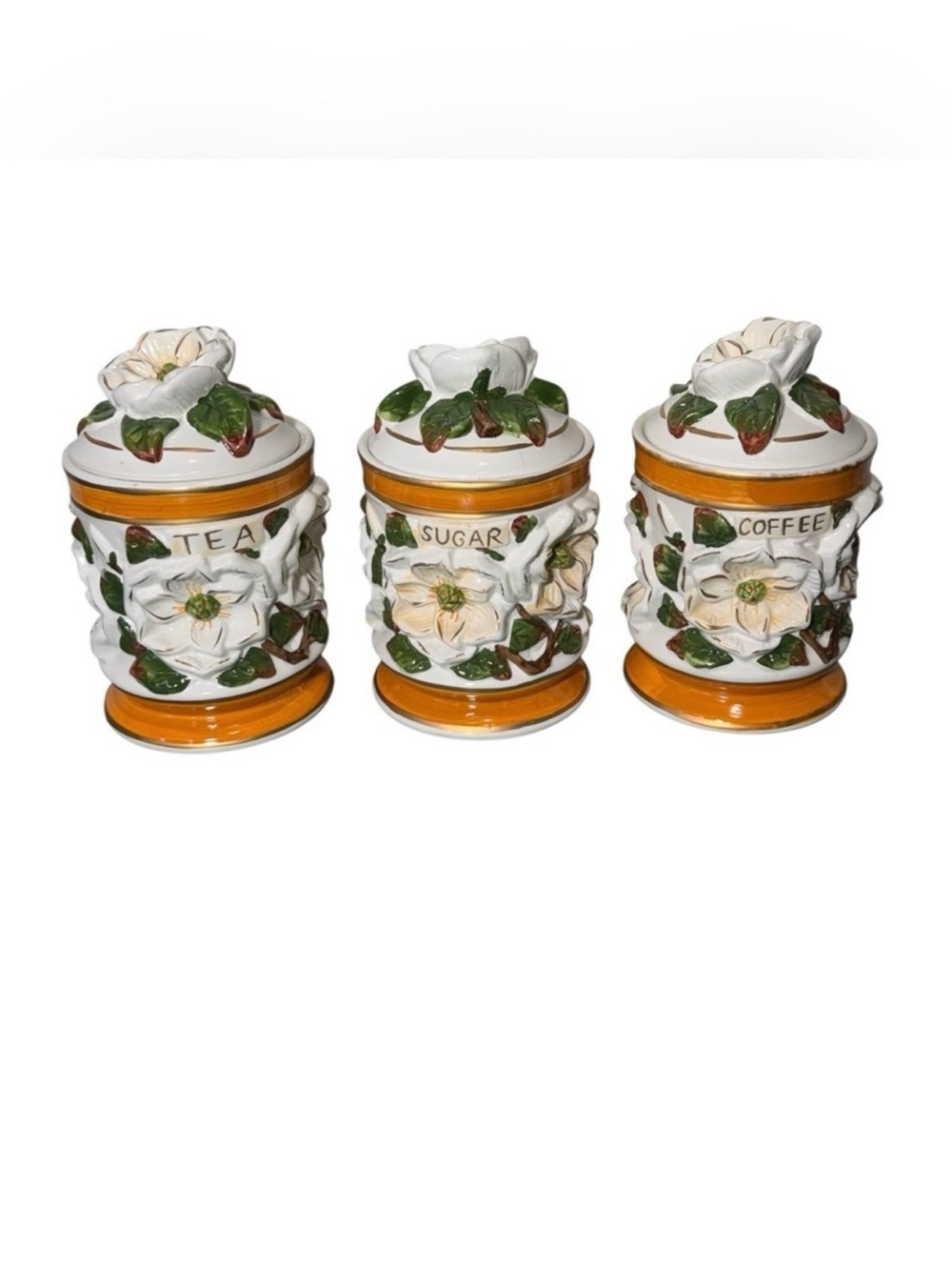 Vintage Floral Ceramic Canister Set-3-D Floral Design Coffee Tea Sugar